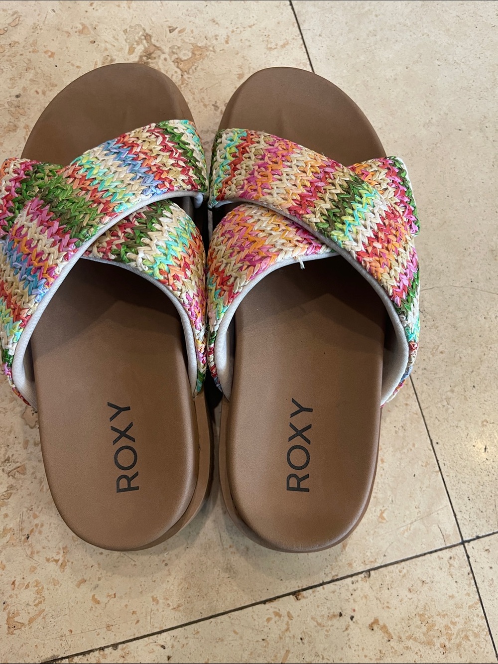 Roxy Multicolor Woven Strap Slide Sandals — Brown Footbed
